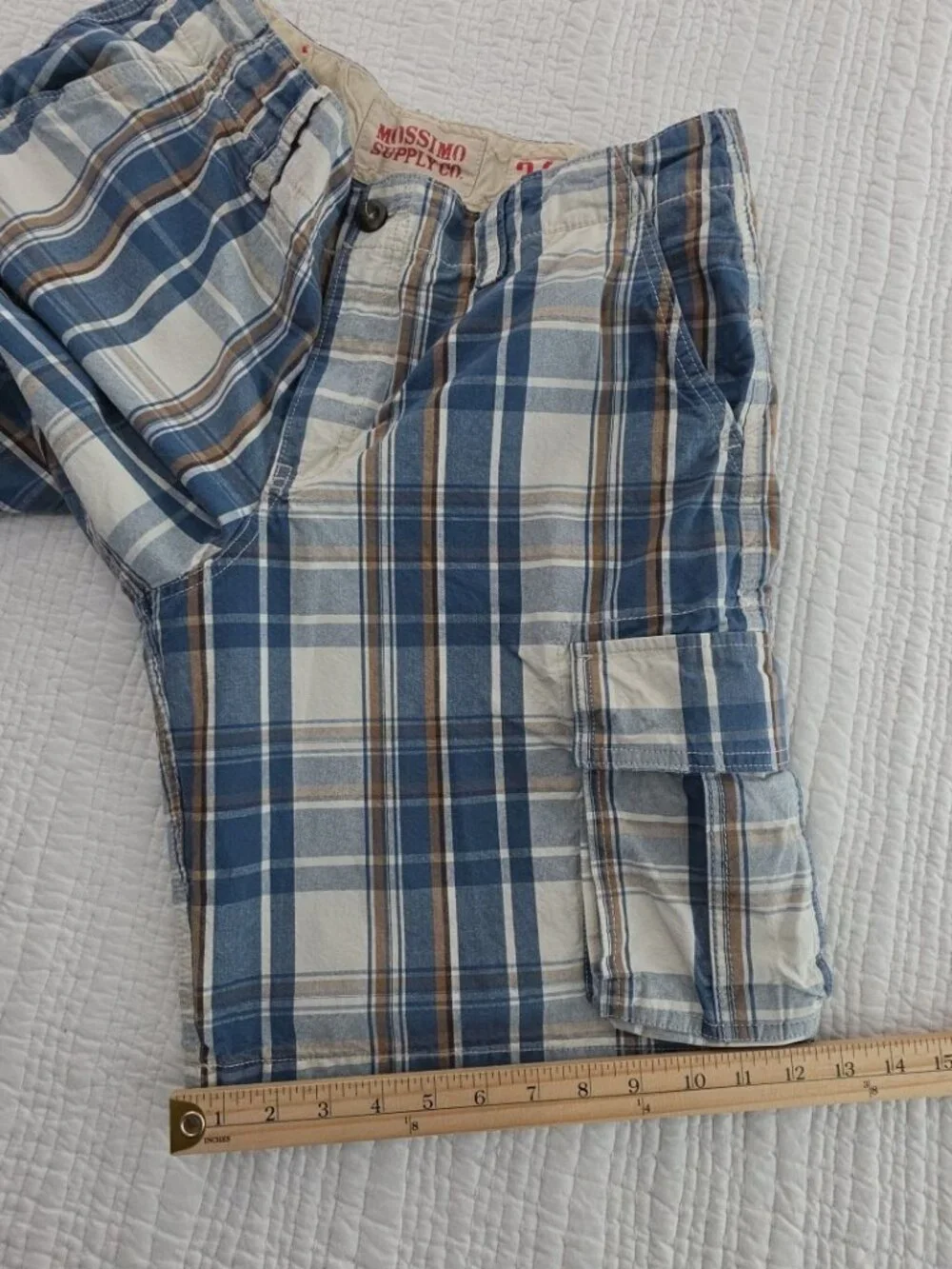 Mossimo Supply Cargo Shorts Mens 34‎ Blue Plaid 100% Cotton 6 Pockets 10